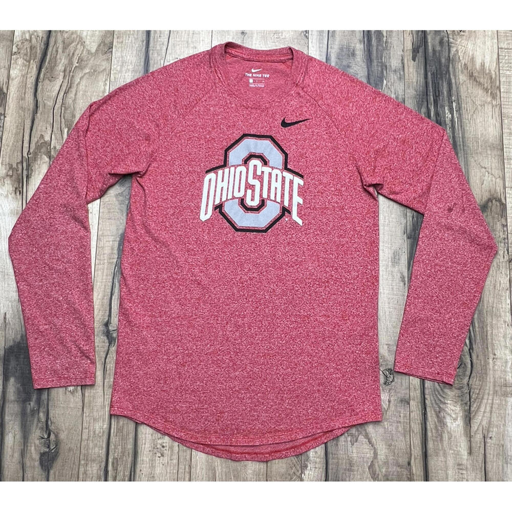 The Nike Tee Ohio State Buckeyes Long Sleeve Heather Red Cotton OSU Brutus  .